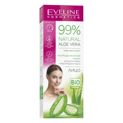 Крем-депилятор Eveline 99% Natural, Алоэ, для лица и подбородка, 20 мл + Гель п/д, 2х5 мл