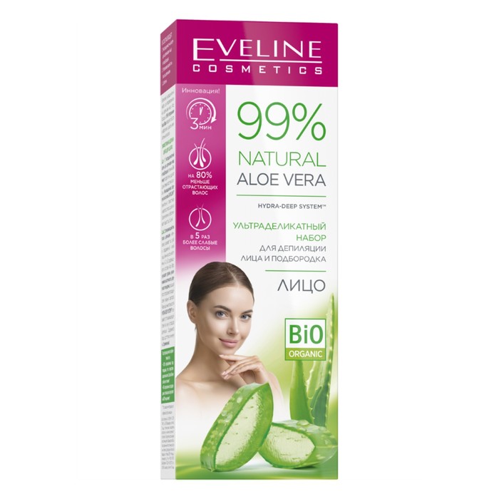 Крем-депилятор Eveline 99% Natural, Алоэ, для лица и подбородка, 20 мл + Гель п/д, 2х5 мл - Фото 1