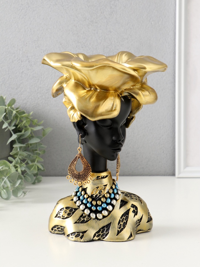Фигурка-подставка для мелочей «Бюст. Девушка из Африки», полистоун, чёрный с золотом, 23×15×15 см - Фото 1