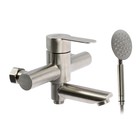 Смеситель для ванны ZEIN ZS5, короткий излив, с душевым набором, нержавеющая сталь, сатин - Фото 4