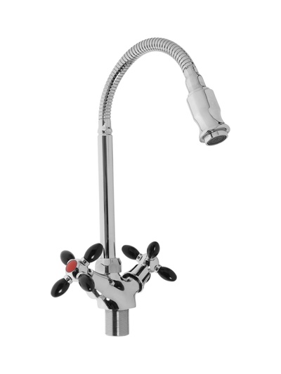 Смеситель для кухни ZEIN ZC2029, гибкий излив, кран-букса латунь 1/2", черный/хром