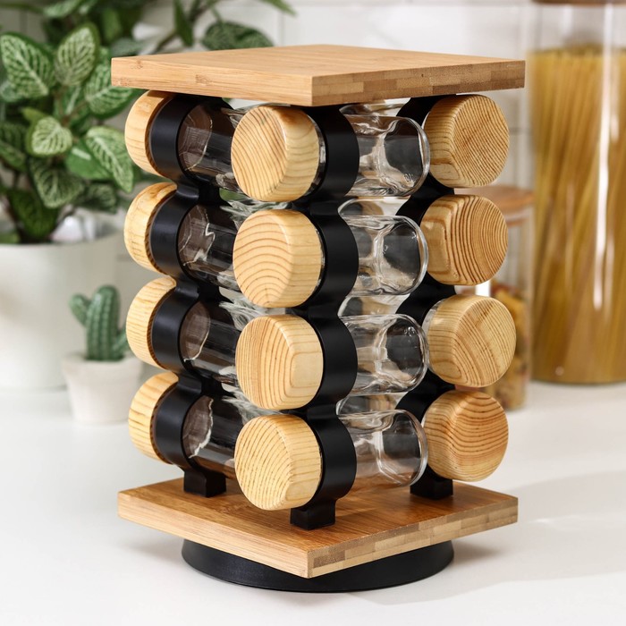 Набор для специй из стекла на бамбуковой подставке «Эко», 100 мл, 16 шт - Фото 1