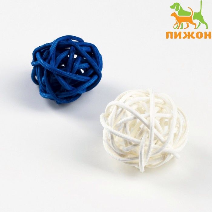 Набор из 2 плетёных шариков из лозы без бубенчиков, 3 см, белый/синий - фото 3877840