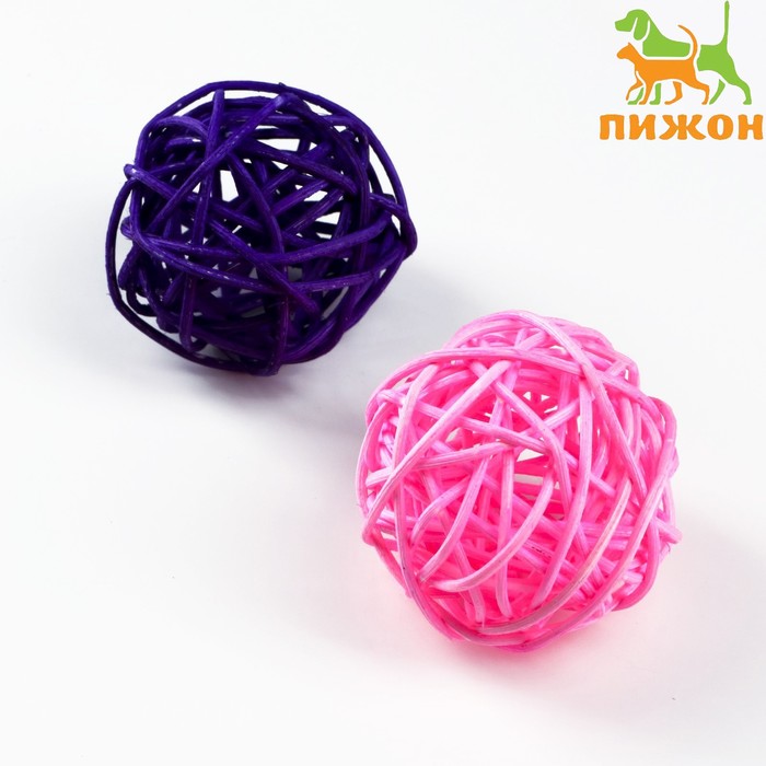 Набор из 2 плетёных шариков из лозы без бубенчиков, 5 см, фиолетовый/розовый - Фото 1