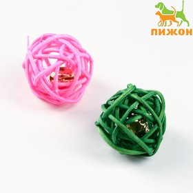 Набор из 2 плетёных шариков из лозы с бубенчиком, 3 см, розовый/зелёный