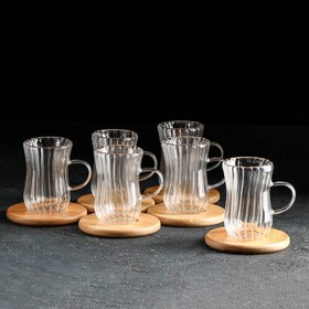Сервиз чайный из стекла «Дафна», 12 предметов: 6 кружек 70 мл, 6 бамбуковых подставок d=9,8 см