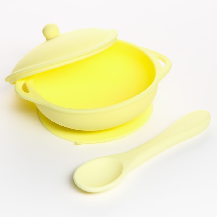 Набор для кормления: миска на присоске с крышкой, ложка, цвет желтый - фото 1907467629