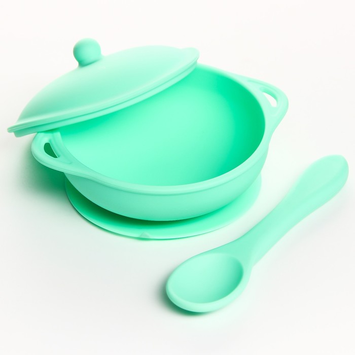 Набор для кормления: миска на присоске с крышкой, ложка, цвет зеленый - фото 1908929225