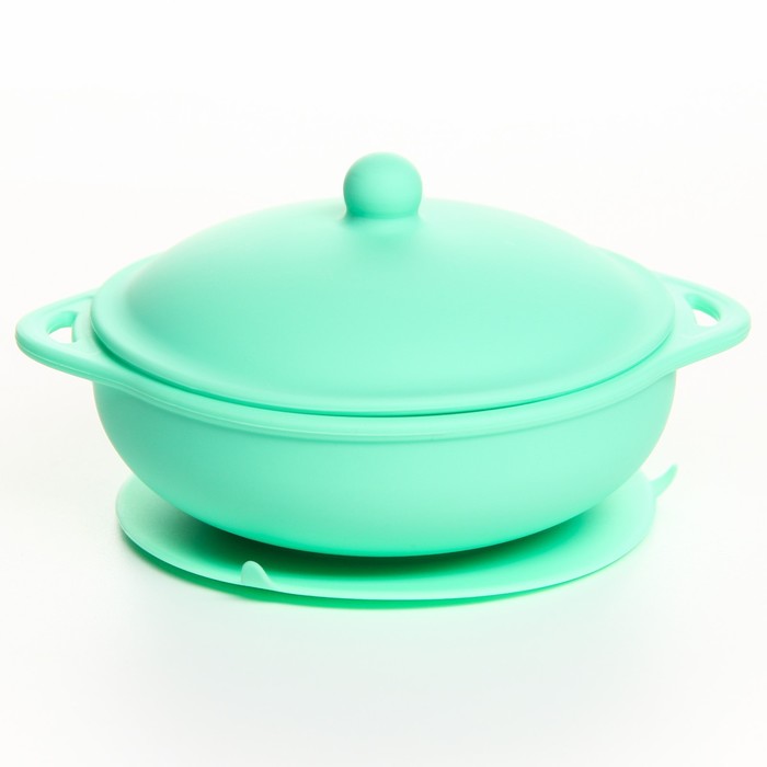 Набор для кормления: миска на присоске с крышкой, ложка, цвет зеленый - фото 1908929226