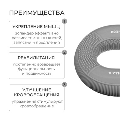 Эспандер кистевой с двойной нагрузкой ONLYTOP, массажный, 23-27 кг, цвет серый