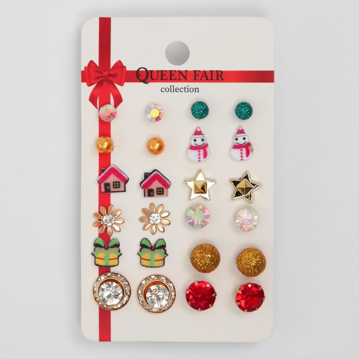 Пусеты 12 пар "Новогодние" снеговик, дом, звезда, подарок, цветные в золоте