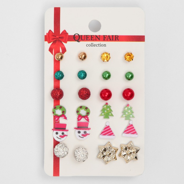 Пусеты 12 пар "Новогодние" венок, ель, снеговик, шапочка, цветные в золоте