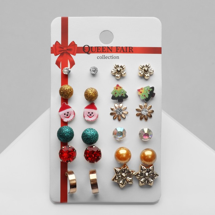 Пусеты 12 пар "Новогодние" ель, цветок, санта, цветные в золоте