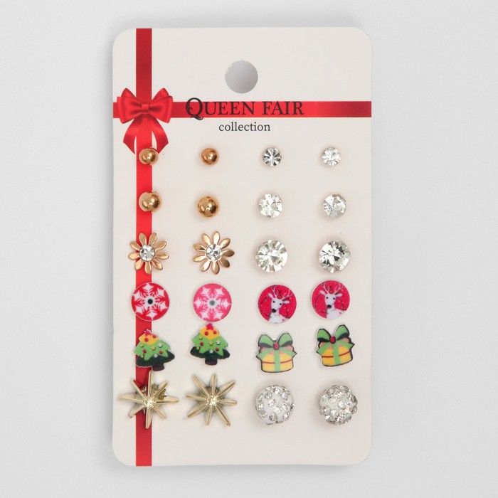 Пусеты 12 пар "Новогодние" цветы, подарок, ель, олень и снежинка, цветные в золоте