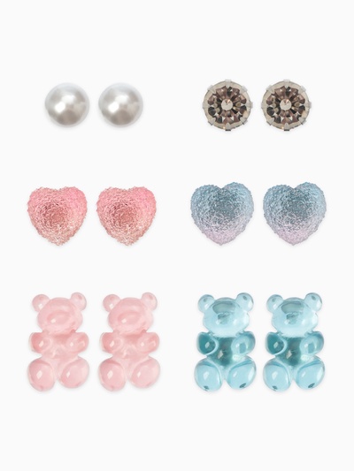 Серьги пусеты QF «Ассорти», 6 пар, мишки и сердечки, розово-голубые в серебре