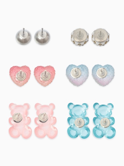 Серьги пусеты QF «Ассорти», 6 пар, мишки и сердечки, розово-голубые в серебре
