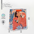 Пакет подарочный ламинированный, упаковка, «Девушка с фламинго», радужная голография, MS 18 х 23 х 10 см - фото 108627824