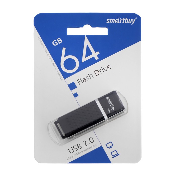 Флешка Smartbuy Quartz series Black, 64 Гб, USB 2.0, чт до 25 Мб/с, зап до 15 Мб/с, чёрная - фото 51301417