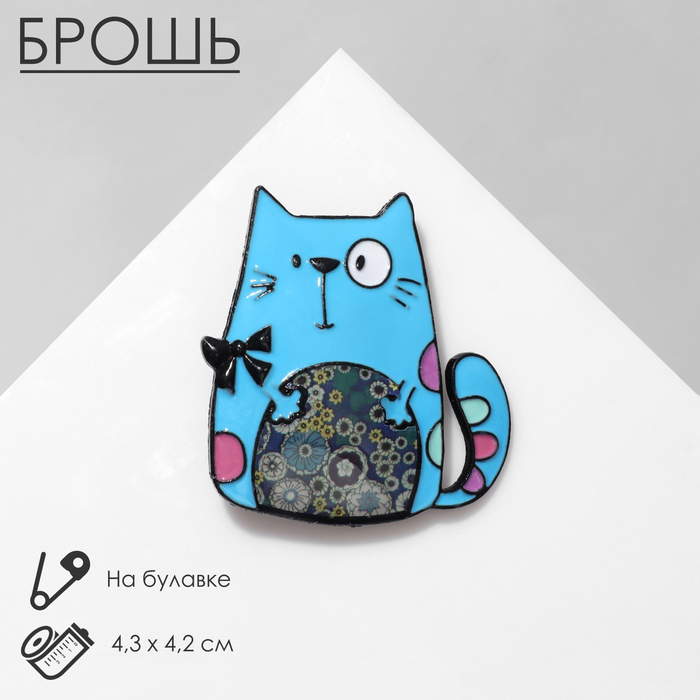 Брошь мультяшная "Кот" с бантом, цвет голубой в чёрном металле - Фото 1
