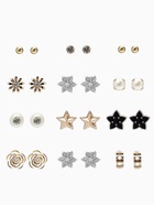 Серьги пусеты 12 пар «Фантазия» цветы и звёзды, белые в золоте - Фото 1