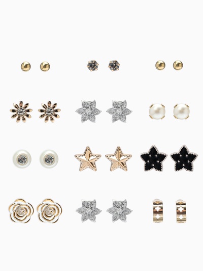 Серьги пусеты 12 пар «Фантазия» цветы и звёзды, белые в золоте