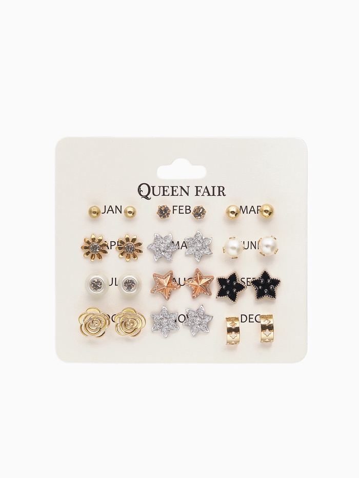 Серьги пусеты 12 пар «Фантазия» цветы и звёзды, белые в золоте - Фото 1