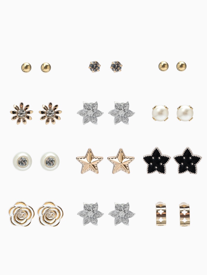 Серьги пусеты 12 пар «Фантазия» цветы и звёзды, белые в золоте - Фото 1