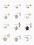 Серьги пусеты 12 пар «Фантазия» цветы и звёзды, белые в золоте - Фото 2