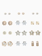 Серьги пусеты 12 пар «Фантазия» цветы и звёзды, белые в золоте - Фото 3