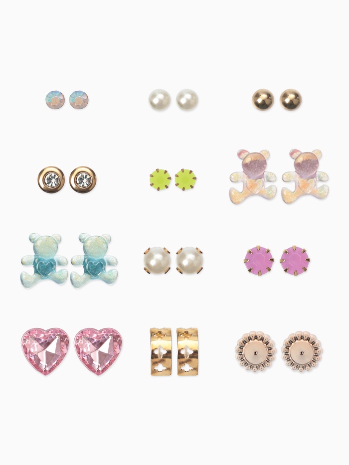 Серьги пусеты QF «Фантазия», 12 пар, мишки и сердечки, цветные в золоте - Фото 1