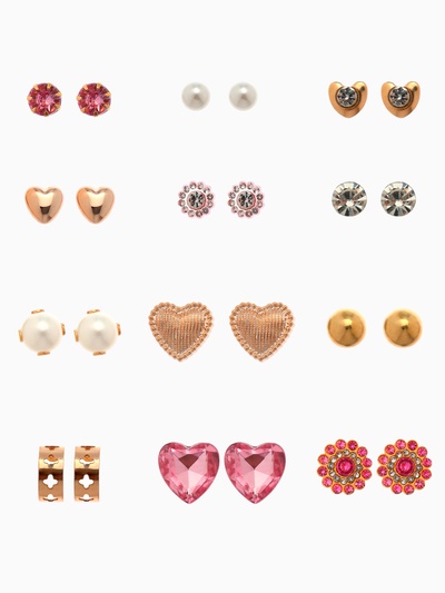 Серьги пусеты 12 пар «Фантазия», сердца, бело-розовый в золоте