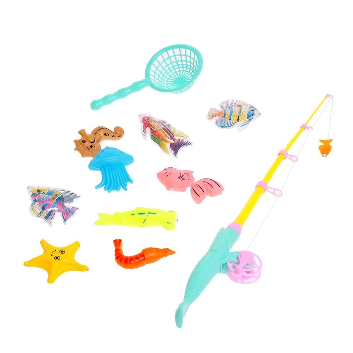 Рыбалка «Морские жители», 9 рыбок, удочка, сачок, цвета МИКС, в пакете - Фото 1