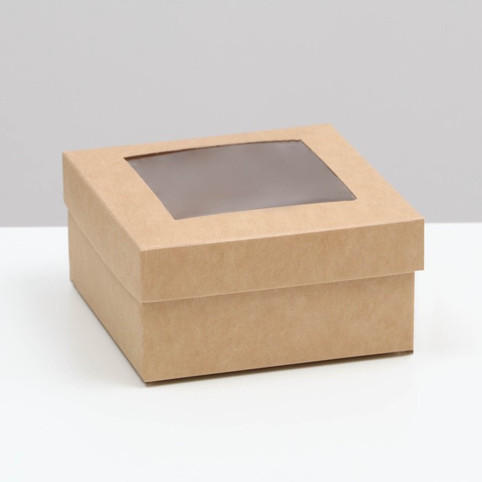 Коробка складная, крышка-дно,с окном, крафт, 10 х 10 х 5 см - Фото 1