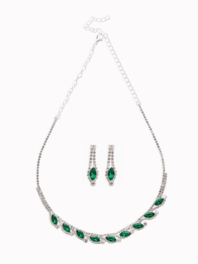 Набор 2 предмета: серьги, колье «Листопад» утончённый ромб, цвет бело-изумрудный в серебре, 32 см