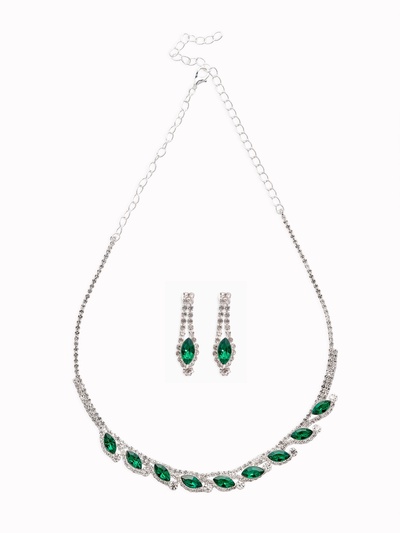 Набор 2 предмета: серьги, колье «Листопад», утончённый ромб, цвет бело-изумрудный в серебре, 32 см