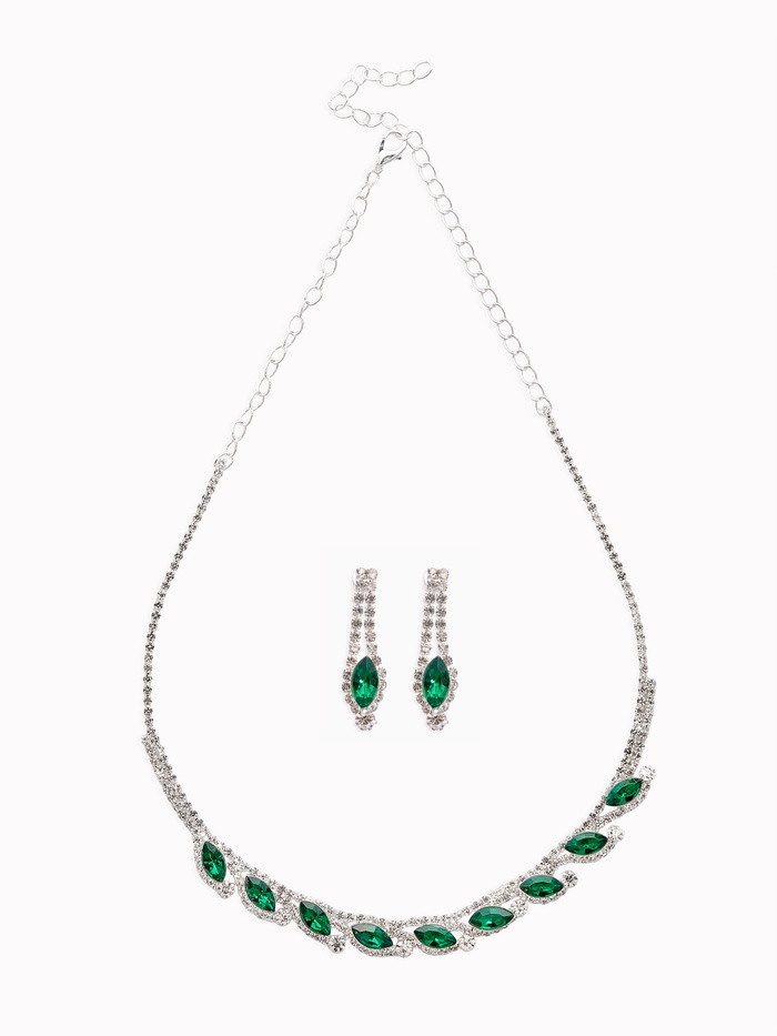 Набор 2 предмета: серьги, колье «Листопад» утончённый ромб, цвет бело-изумрудный в серебре, 32 см - Фото 1