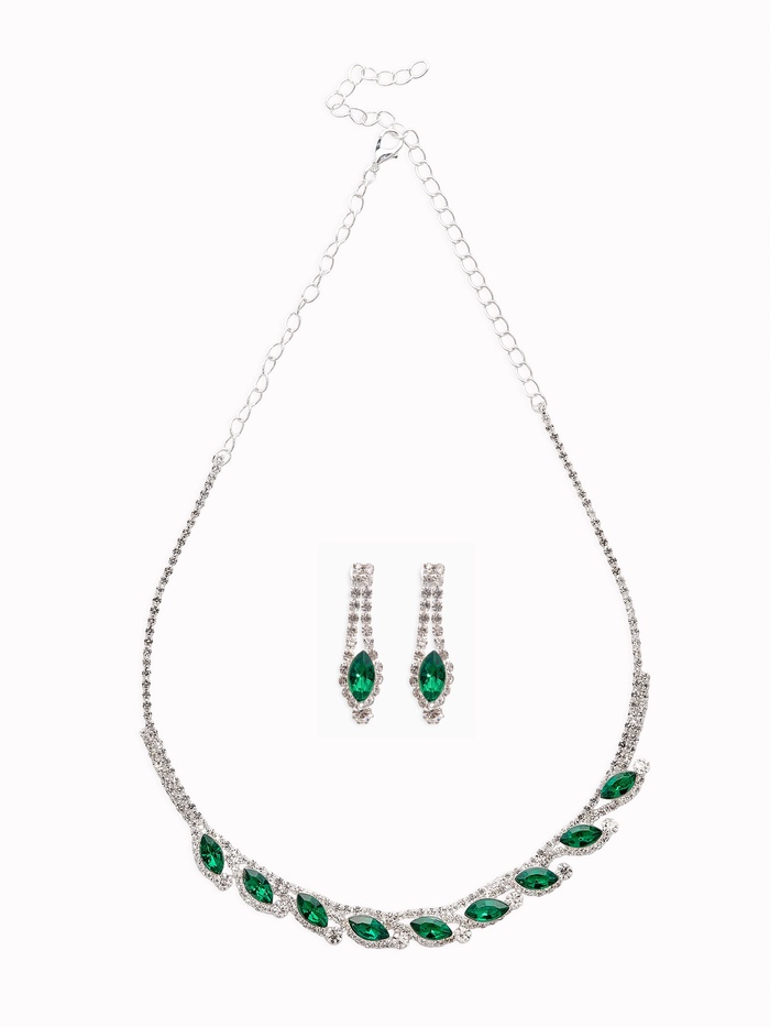 Набор 2 предмета: серьги, колье «Листопад», утончённый ромб, цвет бело-изумрудный в серебре, 32 см - Фото 1