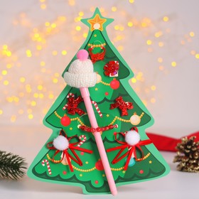 Набор детский новогодний "Выбражулька" 8 предметов: 2 заколки, 2 резинки для волос, клипсы, браслет, кольцо, ручка, ёлка, цвет МИКС