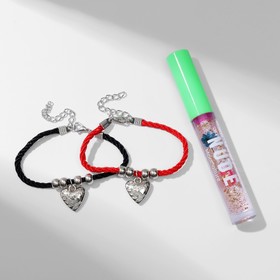 Набор 3 предмета: 2 браслета, блеск для губ «Неразлучники» сердечки, цвет чёрно-красный, 6 см