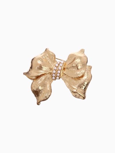 Брошь «Бант», с жемчужной лентой, белая в золоте