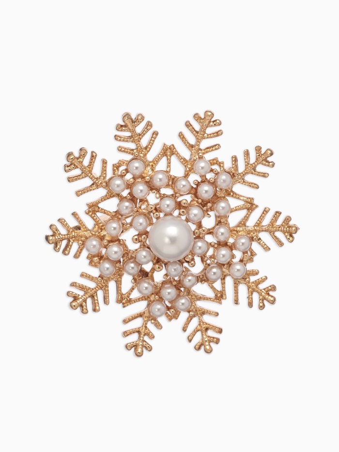 Брошь «Снежинка с жемчугом», белая в золоте - Фото 1