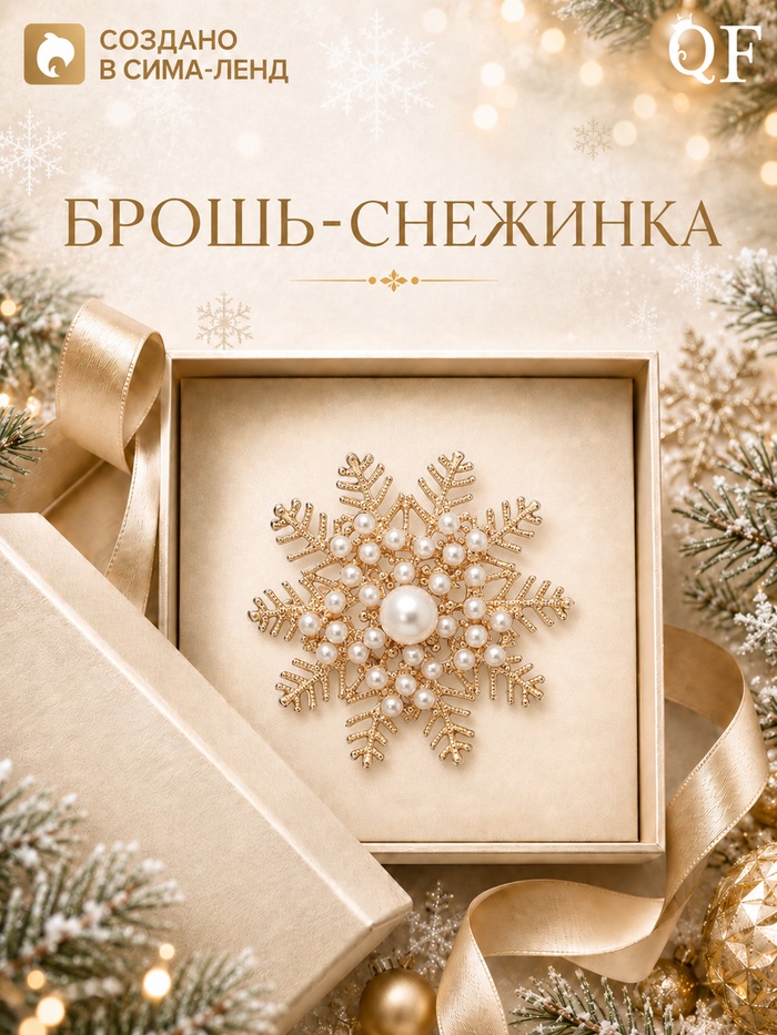 Брошь новогодняя «Снежинка с жемчугом», белая в золоте - Фото 1