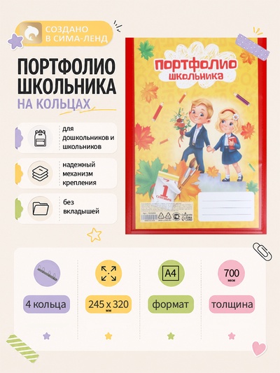 Папка-портфолио А4, Calligrata «Гимназия», пластиковая, на 4 кольцах, для школьника, без вкладышей