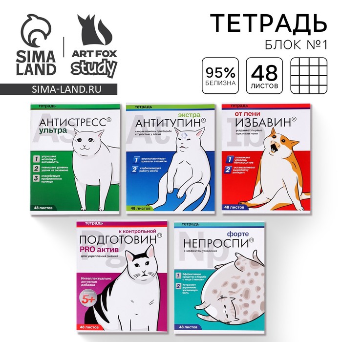 Тетрадь в клетку, 48 л., А5, на скрепке, блок №1 «Котики таблетки» МИКС