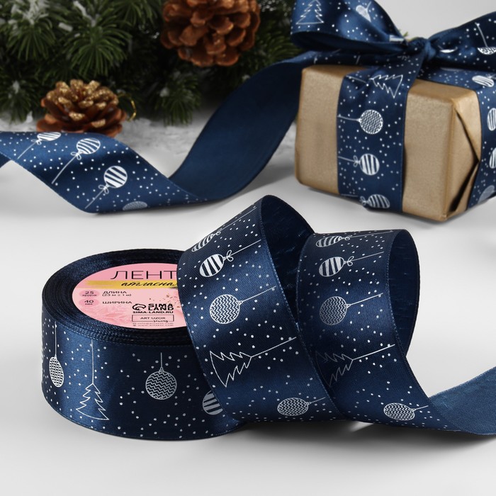 Лента атласная «Ёлочные игрушки», 40 мм, 23±1 м, тёмно-синяя №038