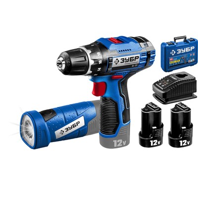 Дрель-шуруповерт ЗУБР 12 В+LED фонарь DL-121-22F, 2×2 Ач, 1350 об/мин, 40 Нм, в кейсе