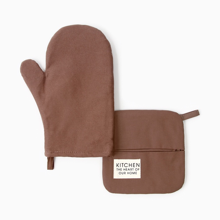 Набор кухонный Этель Kitchen, цвет. коричневый, варежка-прихватка 18×29 см, прихватка 19×19 см - Фото 1