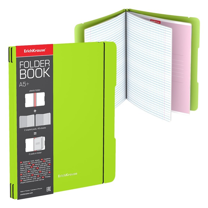 Тетрадь А5+, 2x48 листов в клетку ErichKrause "FolderBook Neon", сменная пластиковая обложка, блок офсет, белизна 100%, зелёная - Фото 1
