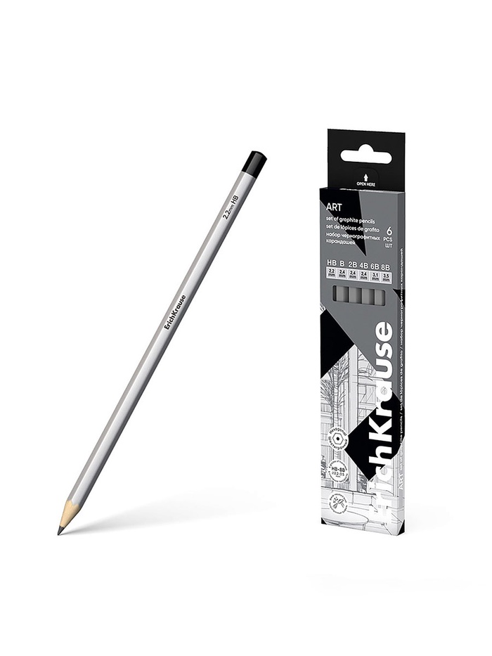 Набор карандашей чернографитных различной твердости 6 штук, ErichKrause, грифель d=2.2 мм, шестигранные, ударопрочные, серебро, в коробке - Фото 1