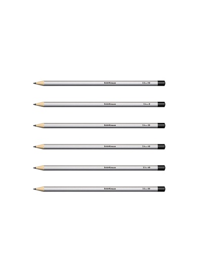 Набор карандашей чернографитных различной твердости 6 штук, ErichKrause, грифель d=2.2 мм, шестигранные, ударопрочные, серебро, в коробке